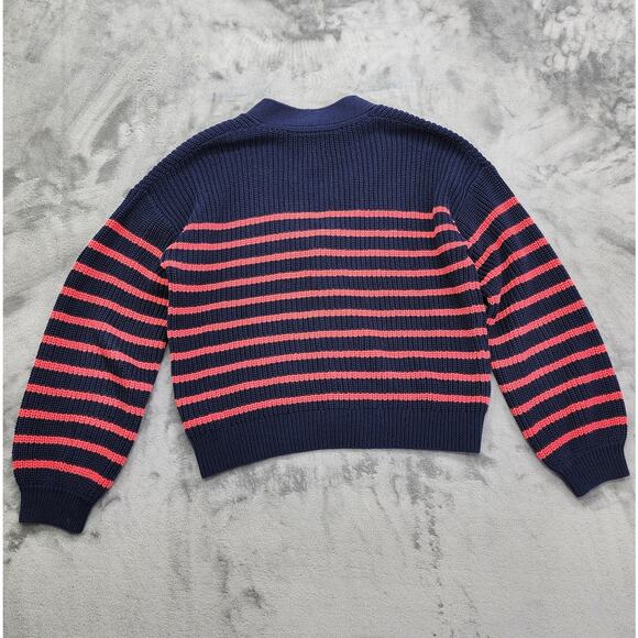 Gap Sweater Women L Blue Pink Striped V-Neck Button Front Cotton Cardigan Preppy - Picture 2 of 8